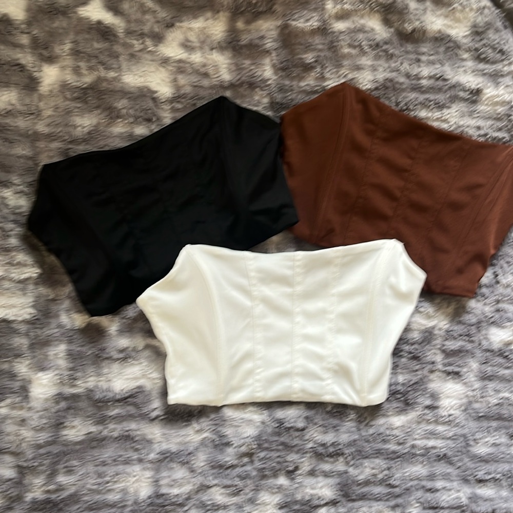Three corset crop tube tops from SHEIN. Brown, black and white. Size S. 🖤🤍🤎